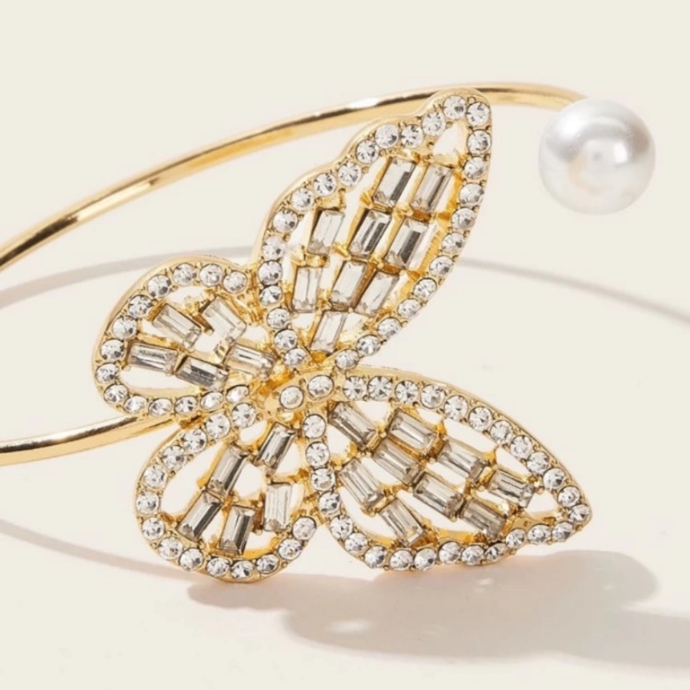 BOGO! Crystal & Pearl Butterfly Adjustable Bangle - Picture 3 of 5